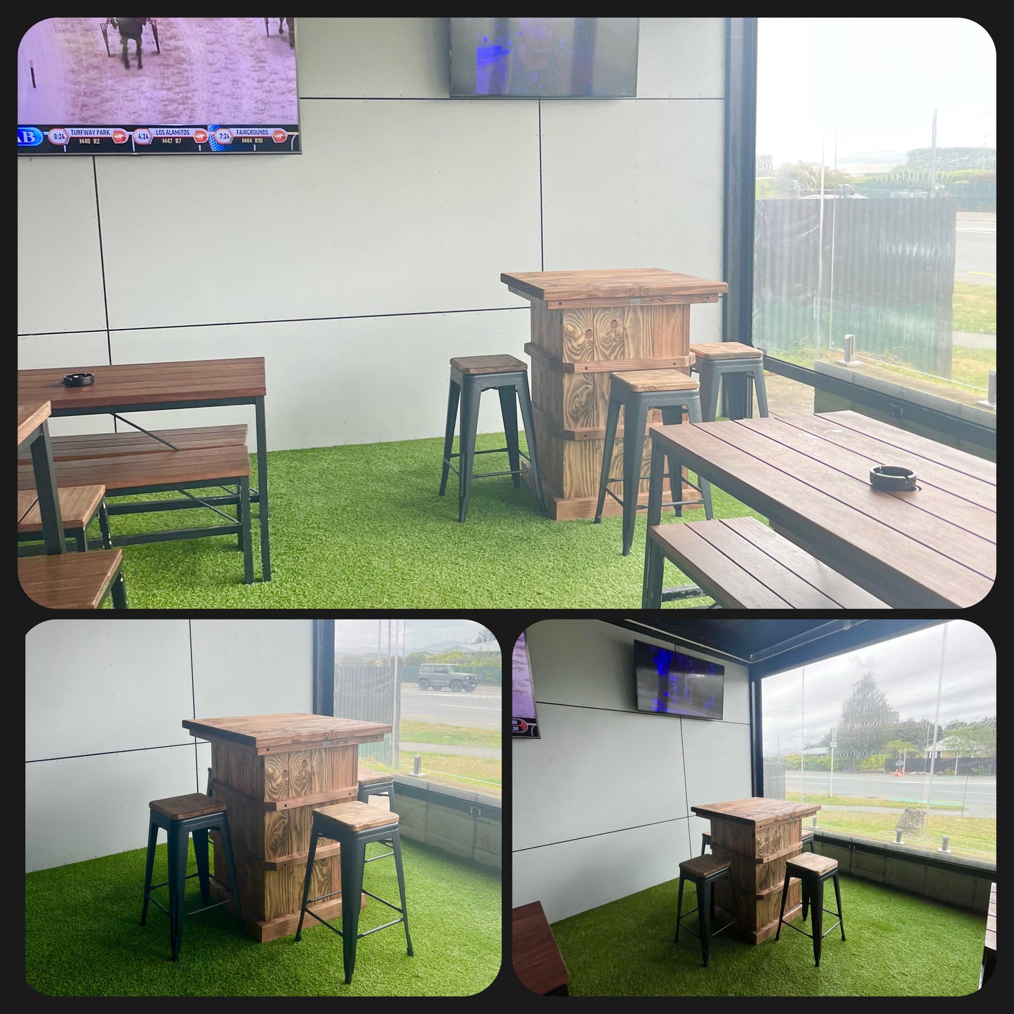 SPECIAL- Woolpress style bar leaner and 4 bar stools set