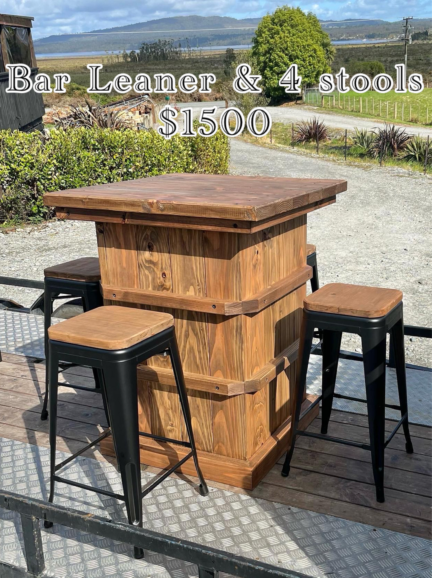 SPECIAL- Woolpress style bar leaner and 4 bar stools set