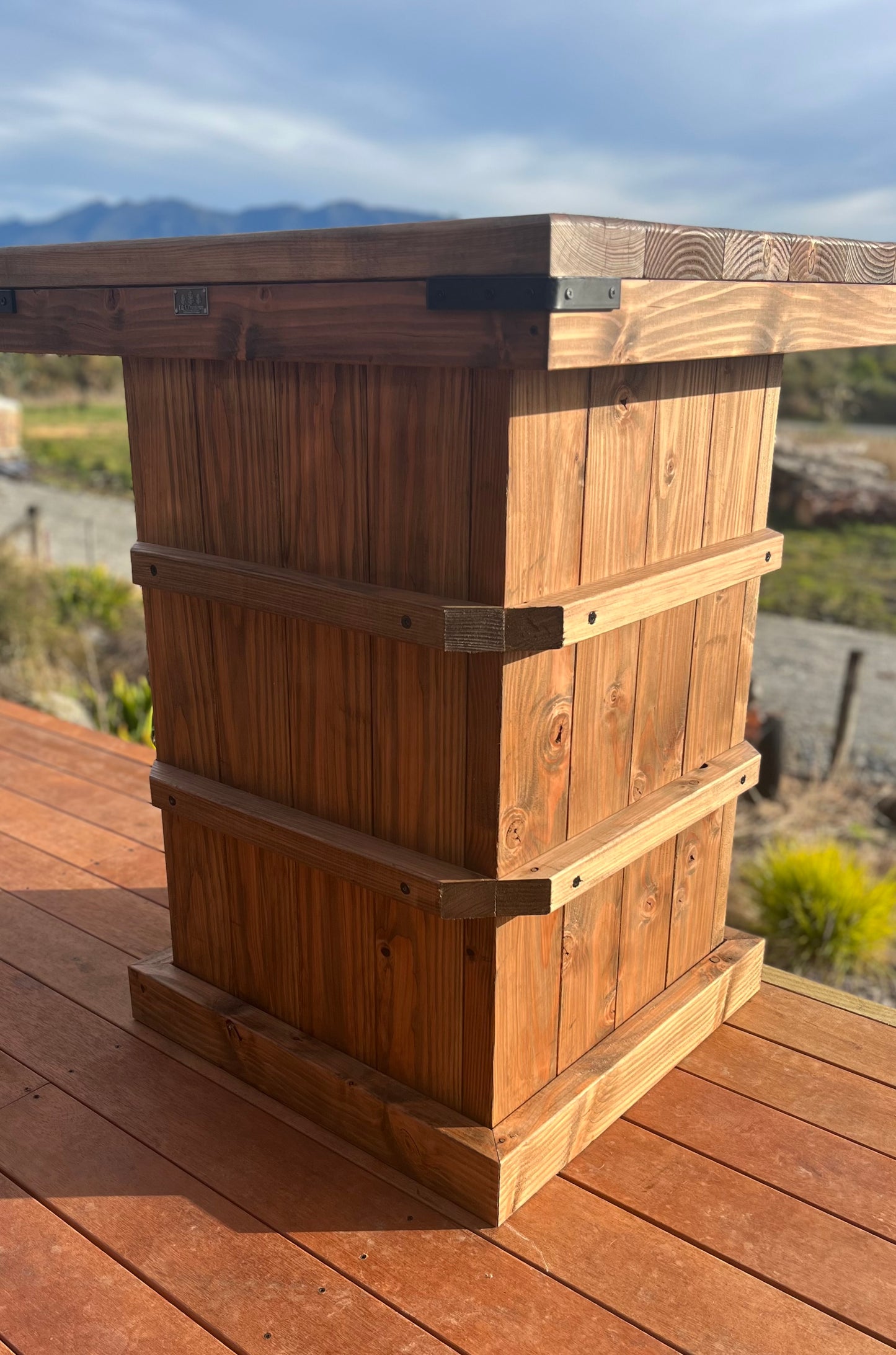SPECIAL - Chunky Large Woolpress Style Bar Leaner with 4 Macrocarpa topped stools